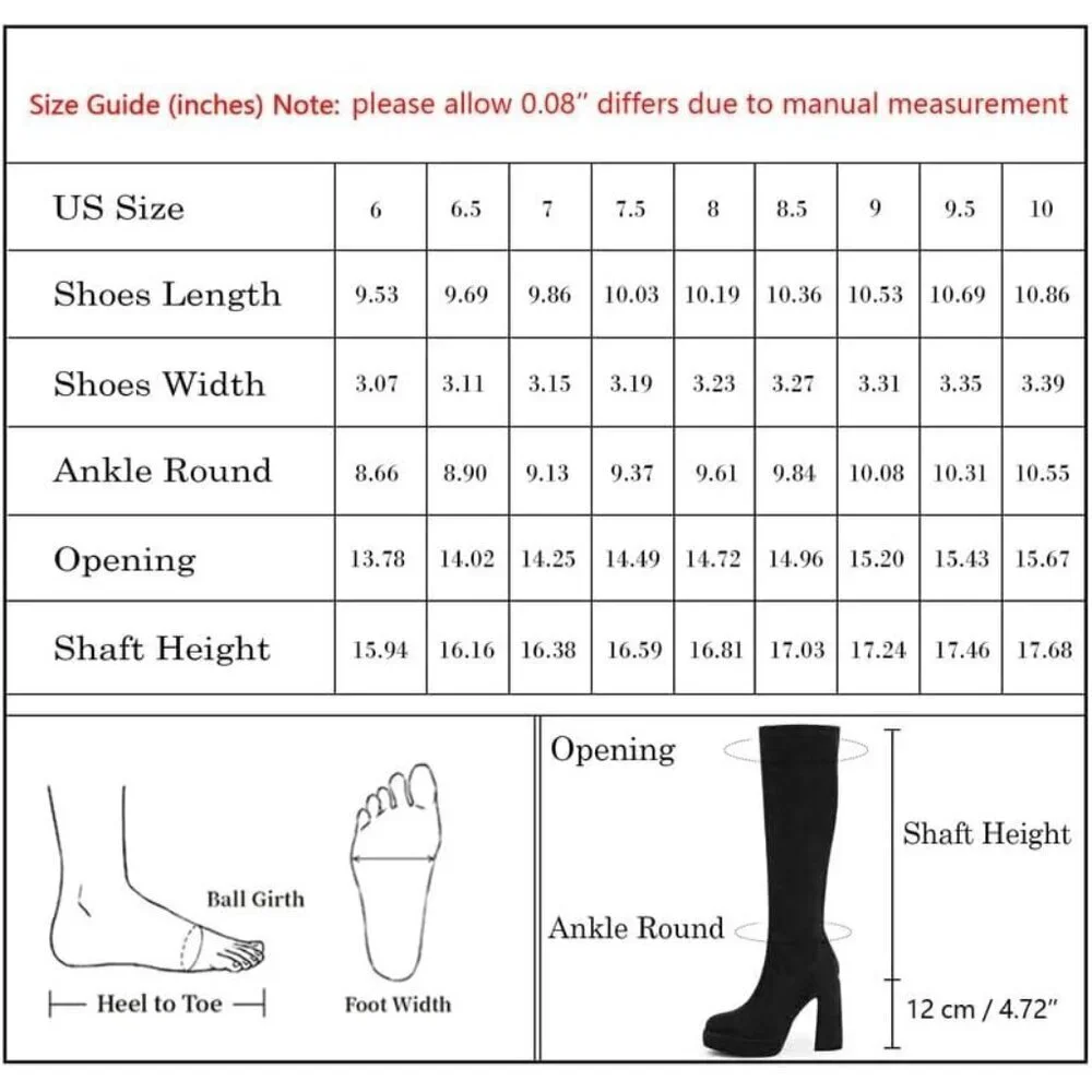 Women's Black Platform Knee High Boots Chunky Heel Rounded Toe Zipper